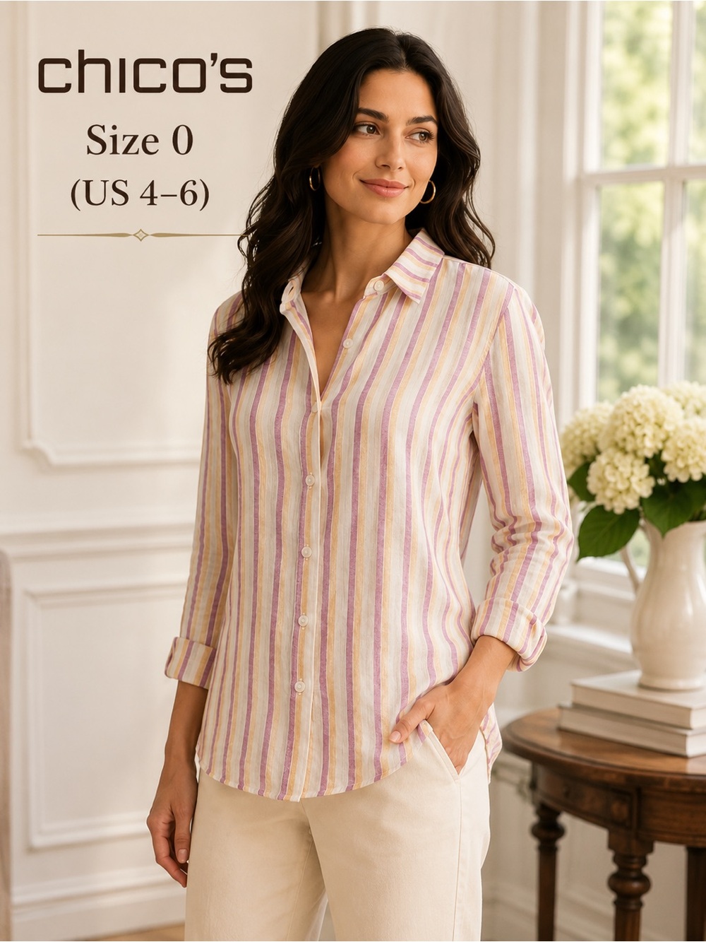 Chico’s Size 0 US 4-6 No Iron 99% Linen Stripe Button Shirt